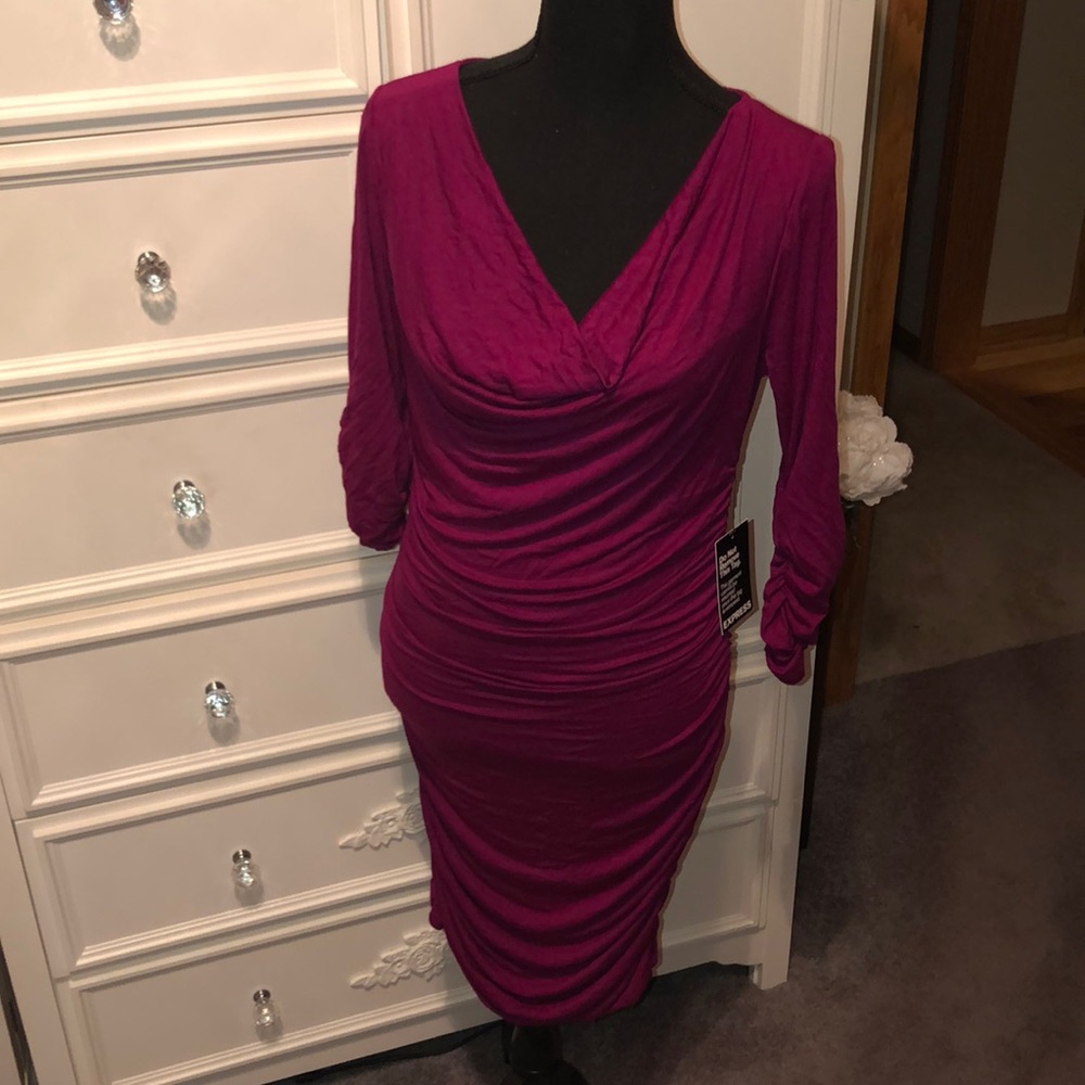 Brand New Express Ruched Dress in Magenta—Medium - Picture 5 of 8